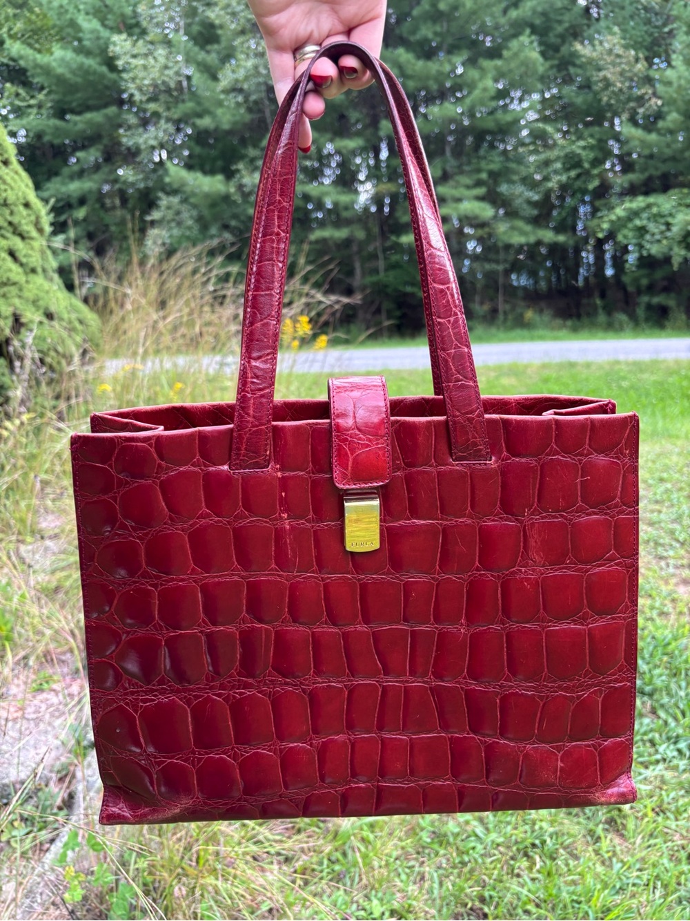 Furla Croc-Embossed Leather Tote Bag Vintage
